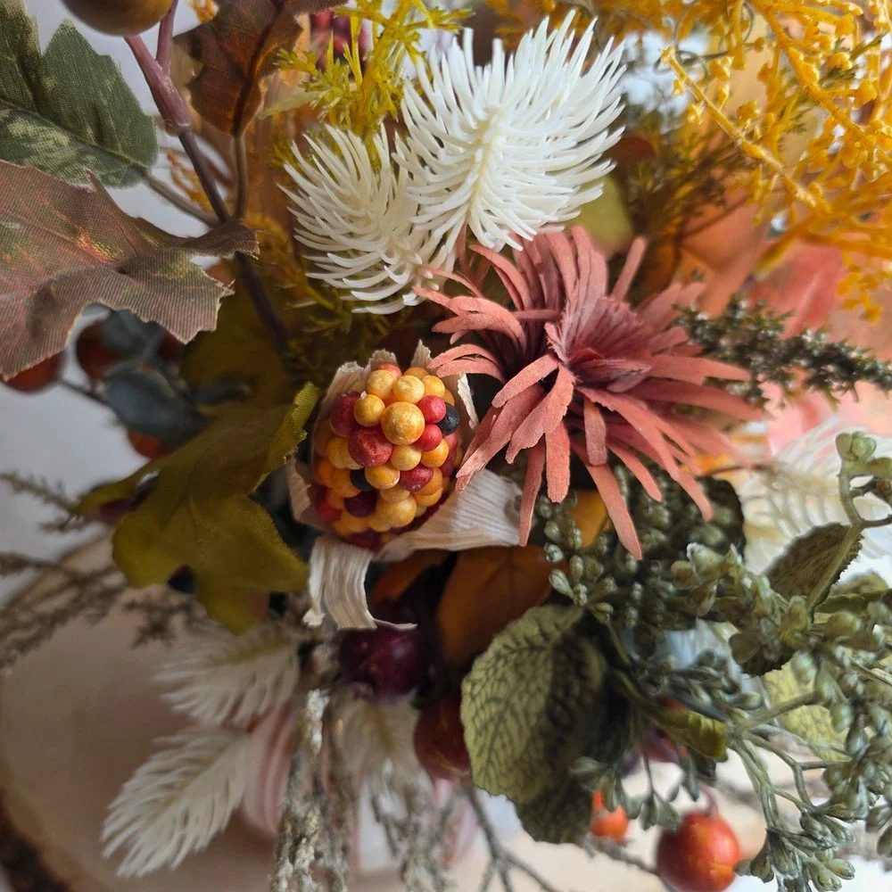 Fall Harvest Artificial Floral Arrangement in Striped Ceramic Pumpkin Pot